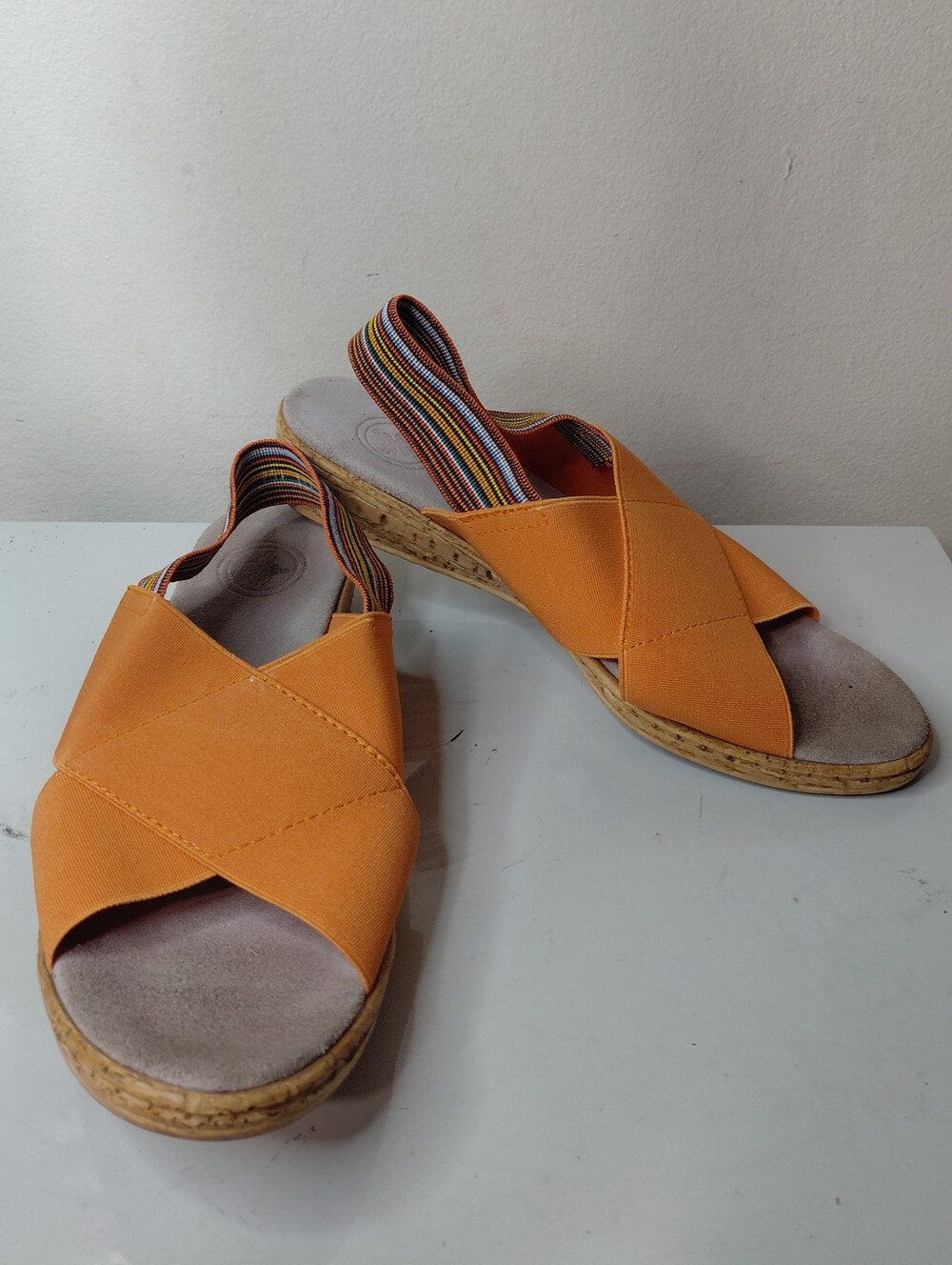 CHARLESTON SHOE CO. Women's Orange Cross-Band Sandals with Striped Elastic Heel